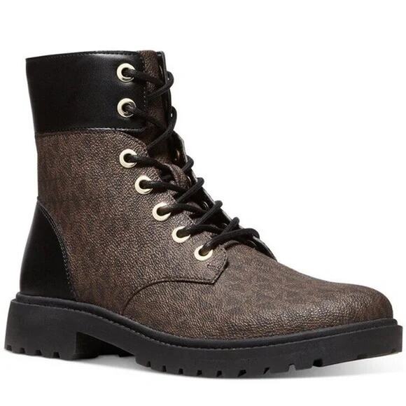 NEW MICHAEL Michael Kors | Alistair Lace Up Logo Brown & Black Combat Moto Boot - Picture 1 of 14